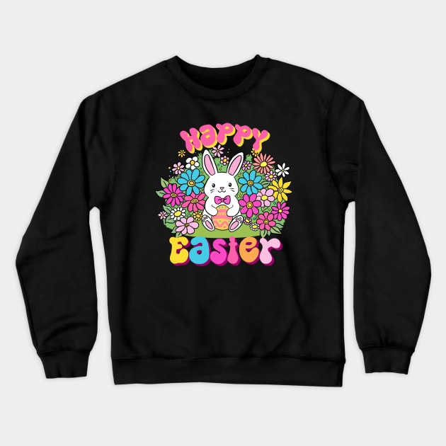 Happy easter a cute easter bunny holding an egg surrounded by flowers Crewneck Sweatshirt by Yarafantasyart